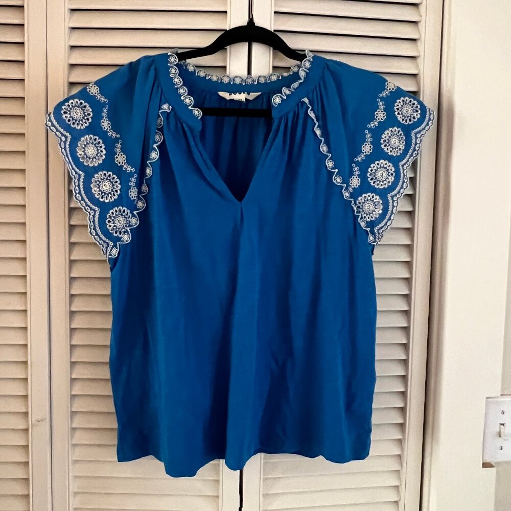 Ila Broderie Sleeve Notch Top-Kingfisher Blue